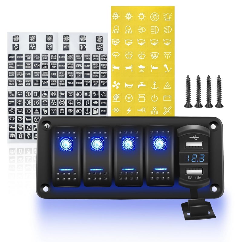 NORTHYUN 4 Gang Rocker Switch Panel with 4.8 A Dual USB Charger and Voltmeter Pre-Wired Waterproof 12V/24V DC Aluminum Switch Panel with 132PCS Night Glow Stickers for Cars UTVs ATVs Trucks Boats RVs - Image 1